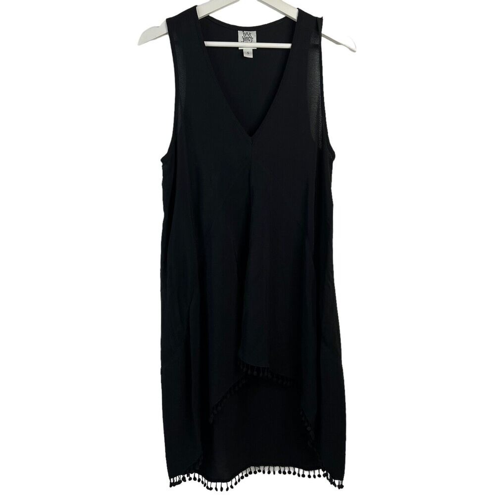 Ivy Jane Women's Size S Tunic Top Shirt Blouse Hi Low Pom Pom Trim‎ Shell Black